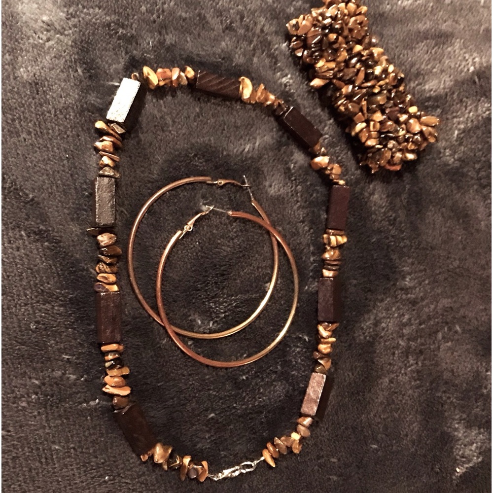 Wood and Tigers eye Stone necklace/ brown-gold earrings and and a stone bracelet